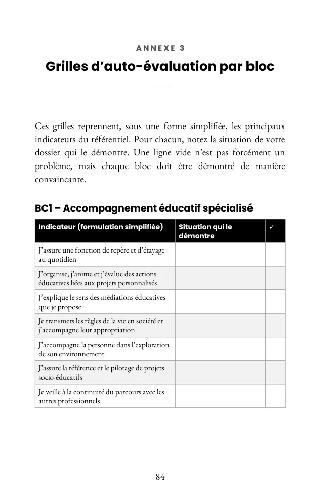 Page réelle extraite : Guide éducateur spécialisé, grille d’auto-évaluation par bloc