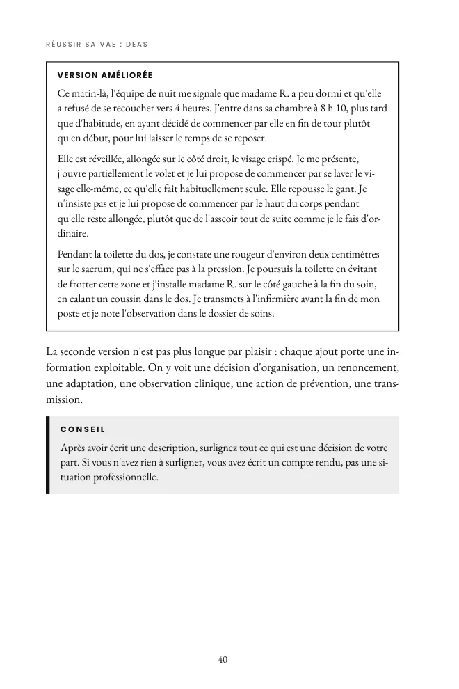Page réelle extraite : 30 situations aide-soignant, situation de Livret 2 retravaillée
