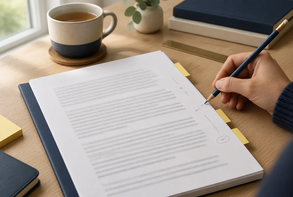 Relecture d’un dossier de validation VAE, annotations au crayon dans la marge