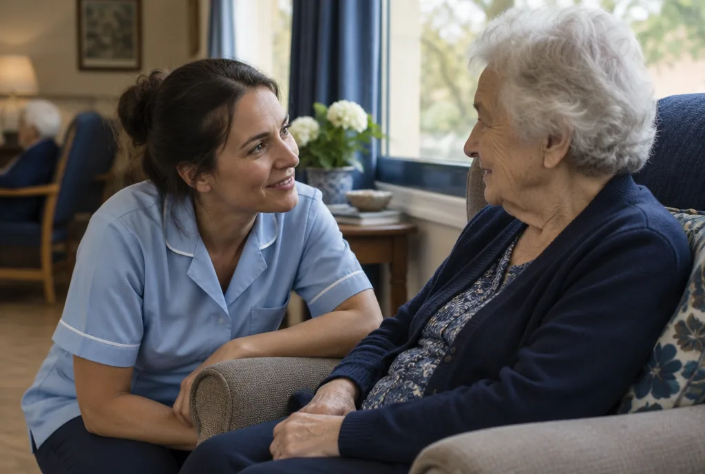 Aide-soignante échangeant avec une résidente en EHPAD
