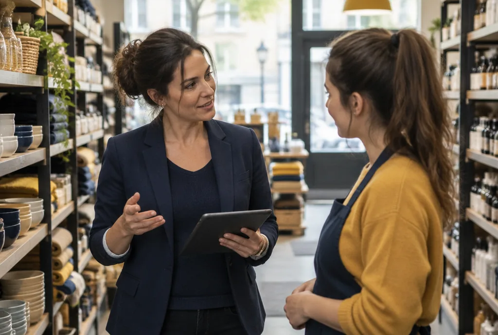 Manager de magasin briefant une collaboratrice avant l’ouverture
