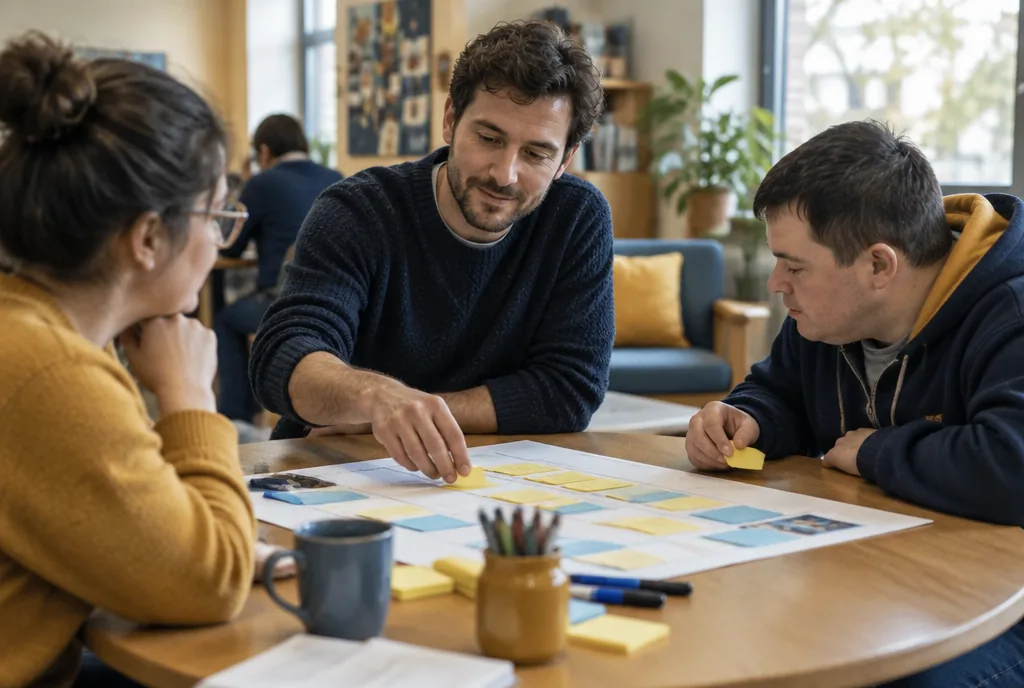 Éducateur spécialisé animant un atelier de planification avec deux adultes