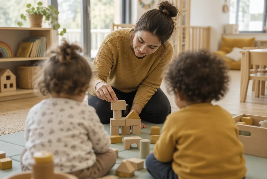 Professionnelle de la petite enfance jouant aux cubes avec deux jeunes enfants en crèche