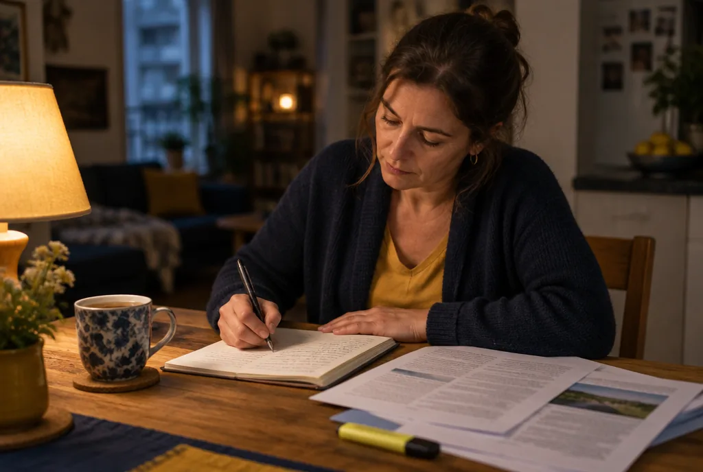 Candidate à la VAE rédigeant son dossier de validation le soir, à la table de la cuisine